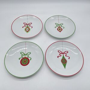 Set of 4 Crate & Barrel Christmas Ornament Luncheon Dessert Salad Plates 8”